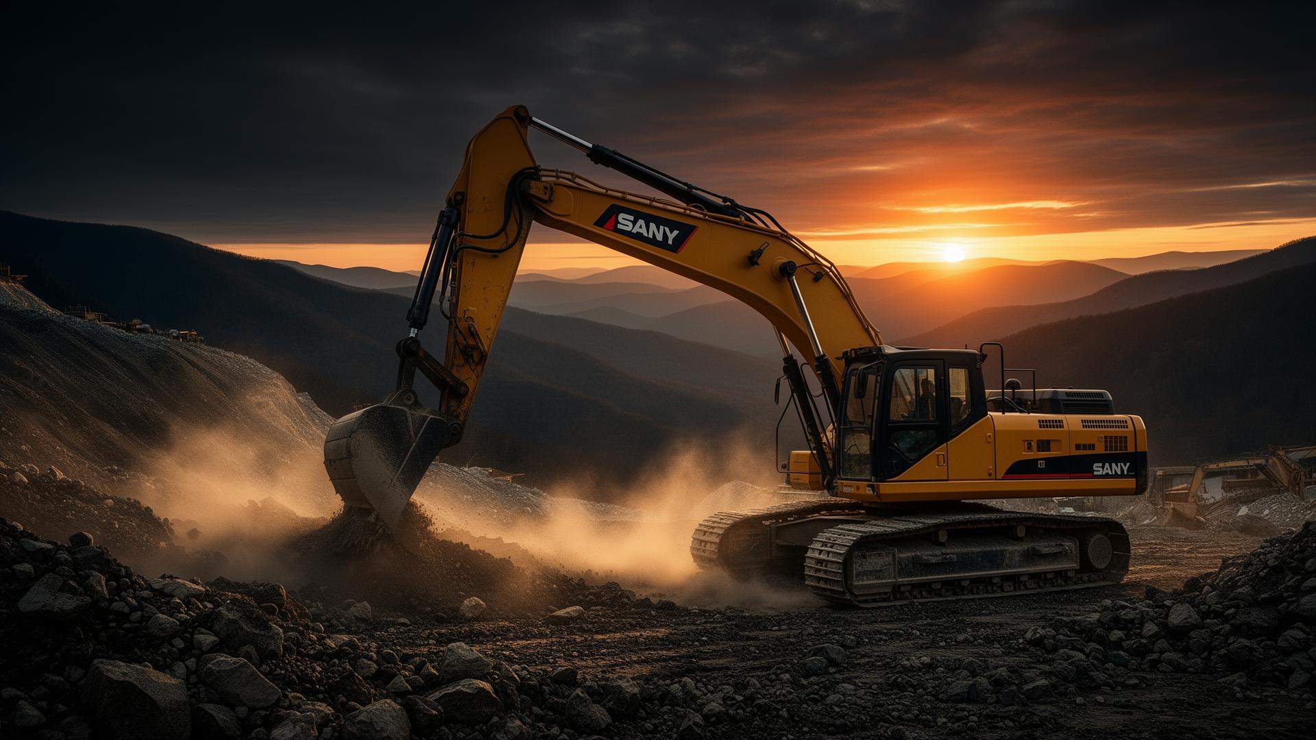 SANY excavator working at sunset in the Appalachian mountains